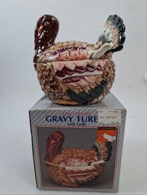 Vintage Ceramic Turkey Tureen Gravy Boat Hand Painted Thanksgiving Fall